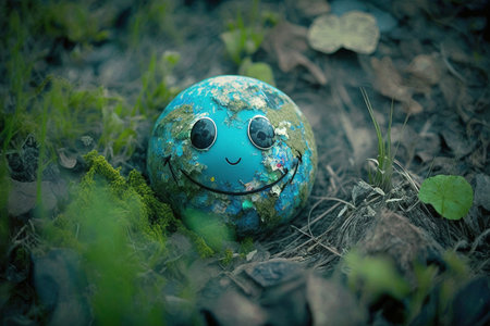 Glass globe with earth map lying on grass, earth day concept. Generative AIの素材