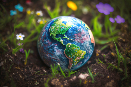 Glass globe with earth map lying on grass, earth day concept. Generative AIの素材