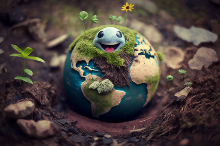 Glass globe with earth map lying on grass, earth day concept. Generative AIの素材