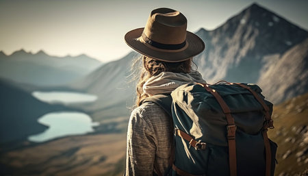 Rear view of female hiker with backpack looking out over a landscape.の素材