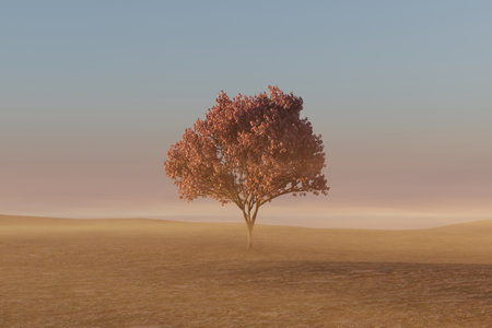 Lone tree with pink leaves in field. 3d renderingの写真素材