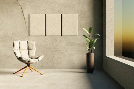 Stylish interior design of dining room with chairs, green plant in pot, Mock up poster frame on the concrete wall. Template. Home decor. 3D illustrationの写真素材