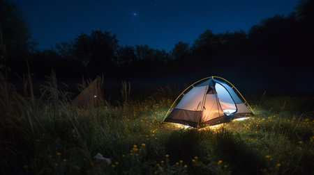endless field filled with fireflies and a camping tent with a camp fire in front summer evening at the blue hour. AI Generativeの素材