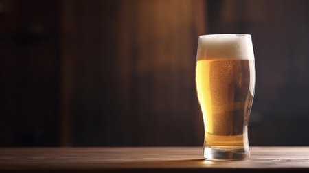 A glass of beer with foam on a wooden table. AI Generativeの素材