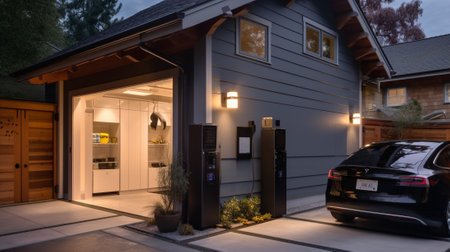 Modern house of the future. Solar panels and electric car in the yard near the swimming pool - Generative AIの素材