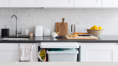 Trash can with waste in the kitchen. Generative AI.の素材