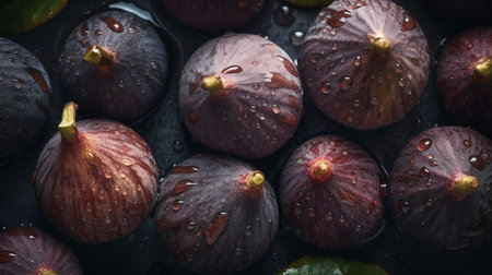 Fresh ripe figs with water drops on dark background, top view. AI Generativeの素材