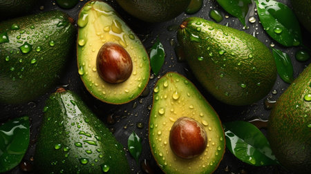 Vibrant Avocado Pattern with Water Droplets, Top-Down View, Freshness AI Generativeの素材