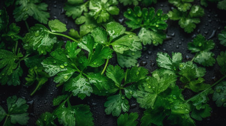 Fresh ripe cilantro with water drops on dark background, top view. AI Generativeの素材