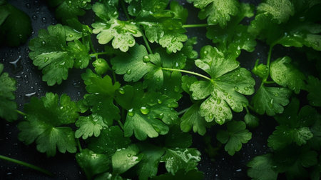 Fresh ripe cilantro with water drops on dark background, top view. AI Generativeの素材