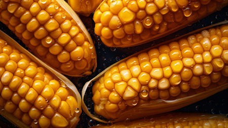 Fresh corn with water drops on dark background, top view. AI Generativeの素材