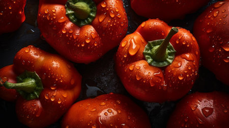 Fresh peppers with water drops on dark background, top view. AI Generativeの素材