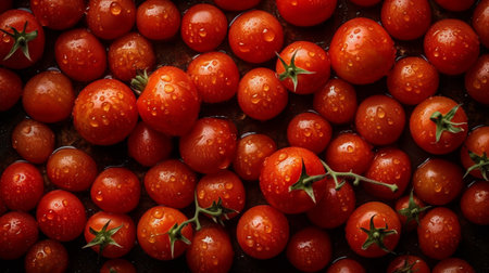 Fresh ripe cherry tomato with water drops on dark background, top view. AI Generativeの素材