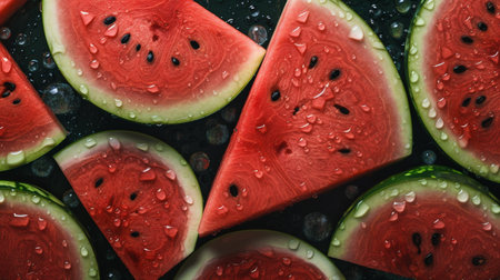 Fresh ripe watermelon with water drops on dark background, top view. AI Generativeの素材