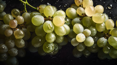 Fresh ripe grapes with water drops on dark background, top view. AI Generativeの素材