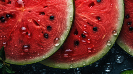 Fresh ripe watermelon with water drops on dark background, top view. AI Generativeの素材