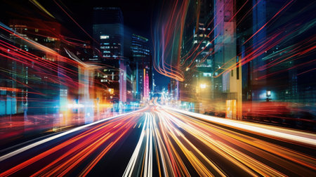 The Vibrant Energy of Cities: Long exposure of a road with light trails of passing vehicles. AI Generativeの素材