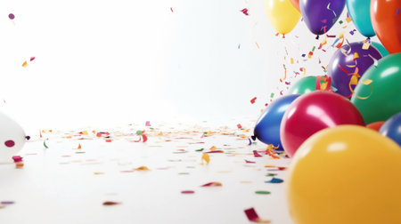 Some balloons, ribbons and confetti on a white background top view. Celebration. AI Generativeの素材