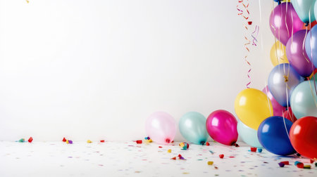 Some balloons, ribbons and confetti on a white background top view. Celebration. AI Generativeの素材