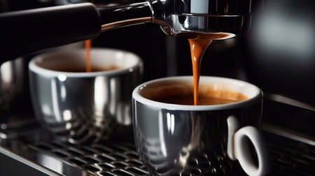Close-up of espresso pouring from coffee machine. Professional coffee brewing illustration generative aiの素材