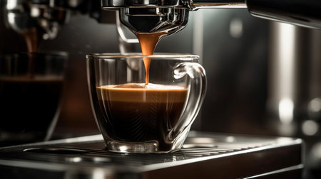 Close-up of espresso pouring from coffee machine. Professional coffee brewing illustration generative aiの素材