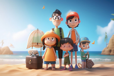 Cartoon style 3d illustration of a smiling happy family having fun at vacation - AI generativeの素材