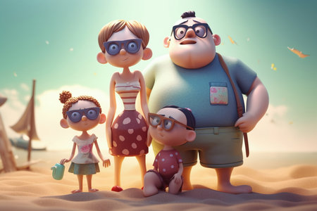 Cartoon style 3d illustration of a smiling happy family having fun at vacation - AI generativeの素材