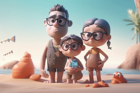 Cartoon style 3d illustration of a smiling happy family having fun at vacation - AI generativeの素材