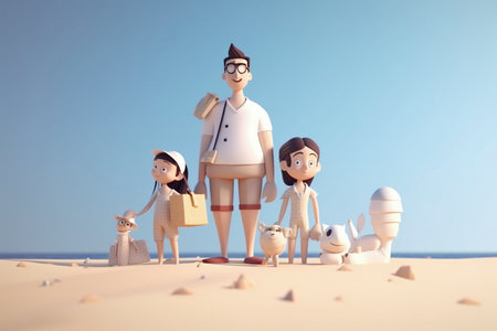 Cartoon style 3d illustration of a smiling happy family having fun at vacation - AI generativeの素材