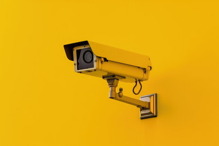 A CCTV Modern Surveillance Camera on a yellow wall, AI Generatedの素材