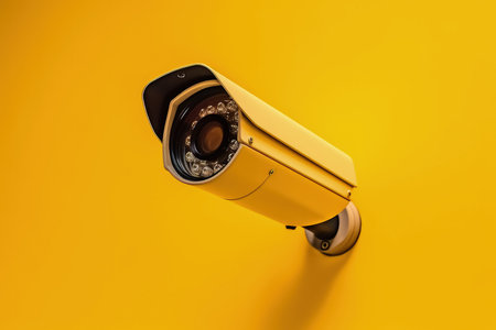 A CCTV Modern Surveillance Camera on a yellow wall, AI Generatedの素材