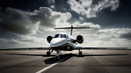 Private jet landing on airport field during sunset. AI Generativeの素材