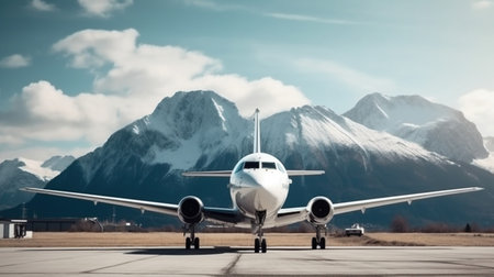 A White passenger airplane at the airport on the background of high scenic mountains. Generative AIの素材