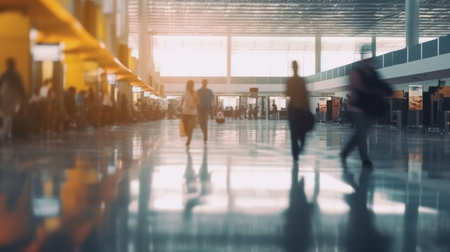 People walking and carry luggage in busy airport terminal. AI Generativeの素材