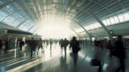 People walking and carry luggage in busy airport terminal. AI Generativeの素材