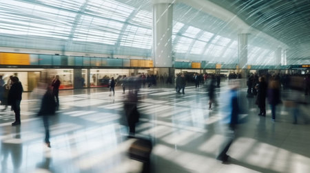 People walking and carry luggage in busy airport terminal. AI Generativeの素材