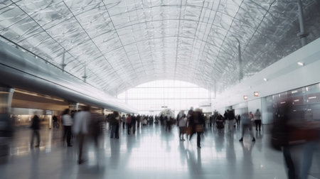 People walking and carry luggage in busy airport terminal. AI Generativeの素材