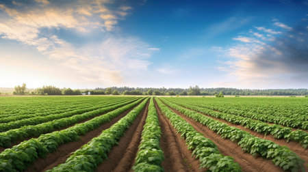 view of lines of young corn shoots on field. AI Generativeの素材