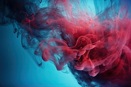 Mist texture. Color smoke. Paint water mix. Mysterious storm sky. Blue purple glowing fog cloud wave abstract art background with free space. AI Generative.の素材