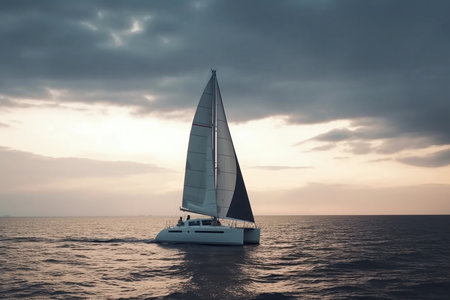 A Sailing catamaran on a background of a beautiful sunset in the sea. AI Generativeの素材