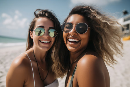Portrait of friends on the beach. AI Generativeの素材