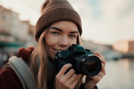 Traveler Woman With Camera Taking Photos Of Beautiful Location. AI Generativeの素材