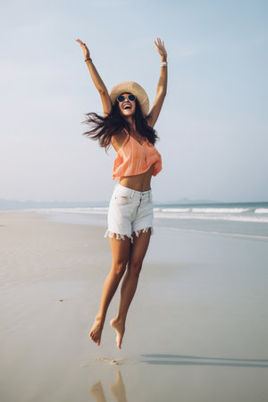 Happy young woman in casual style fashion and straw hat jumping on sand beach. Relaxing and enjoying holiday at tropical paradise beach with blue sky and clouds. Girl in summer vacation. Summer vibes.AI Generativeの素材