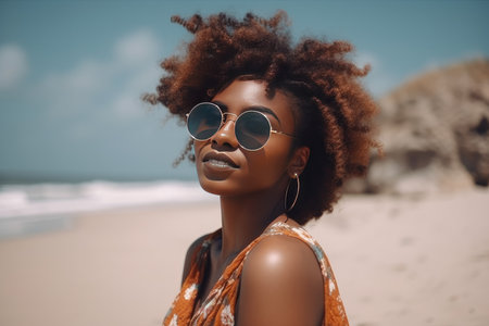 beautiful young woman smiling at the beach. AI Generativeの素材