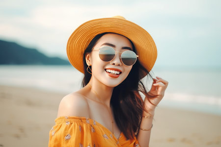 beautiful young woman smiling at the beach. AI Generativeの素材