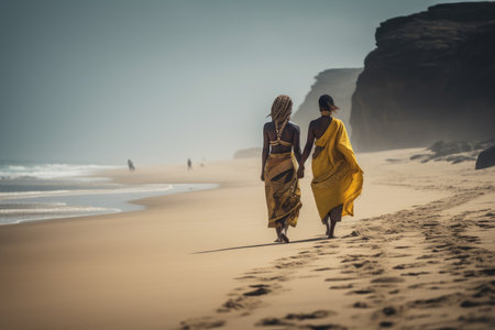 Two African native women in traditional dresses walking along the sandy beach holding hands. AI Generativeの素材
