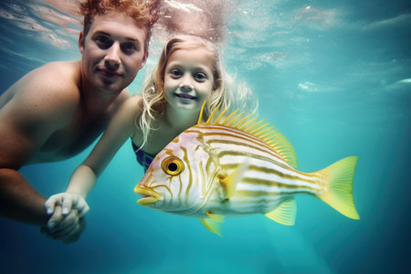 Happy family - Kids in snorkeling mask dive underwater with tropical fish in coral reef sea pool. Travel lifestyle, water sport outdoor adventure, swimming lessons on summer beach holiday with kids. AI Generativeの素材