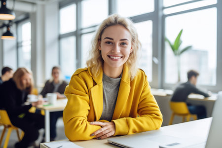 Executive businesswoman looking at camera and smiling while sitting at office desk and workingの素材