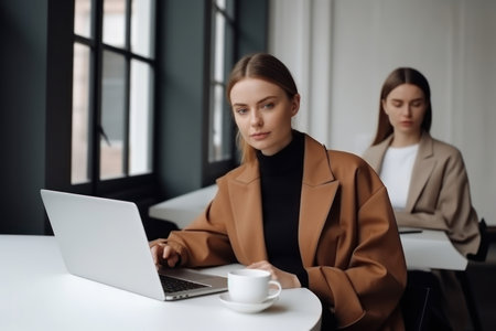 Successful female working with laptop computerの素材