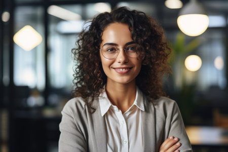 Portrait of happy and successful business woman, boss in shirt smiling and looking at camera inside office with crossed arms, Hispanic woman with curly hair in corridorの素材